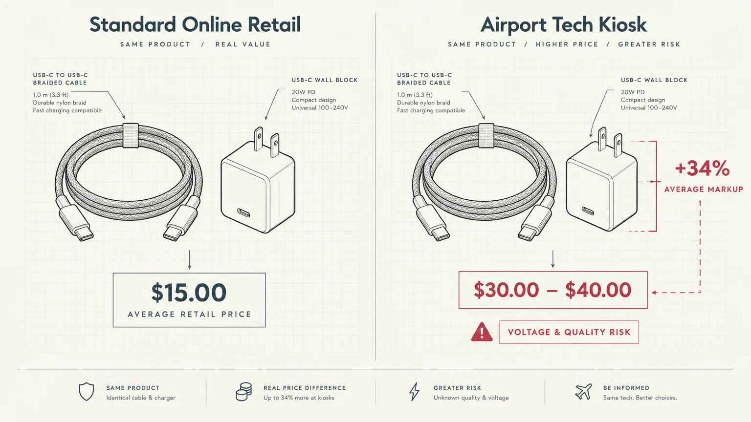 Diagram comparing identical USB-C cables and chargers priced at $15 online versus $30 to $40 at an airport kiosk.