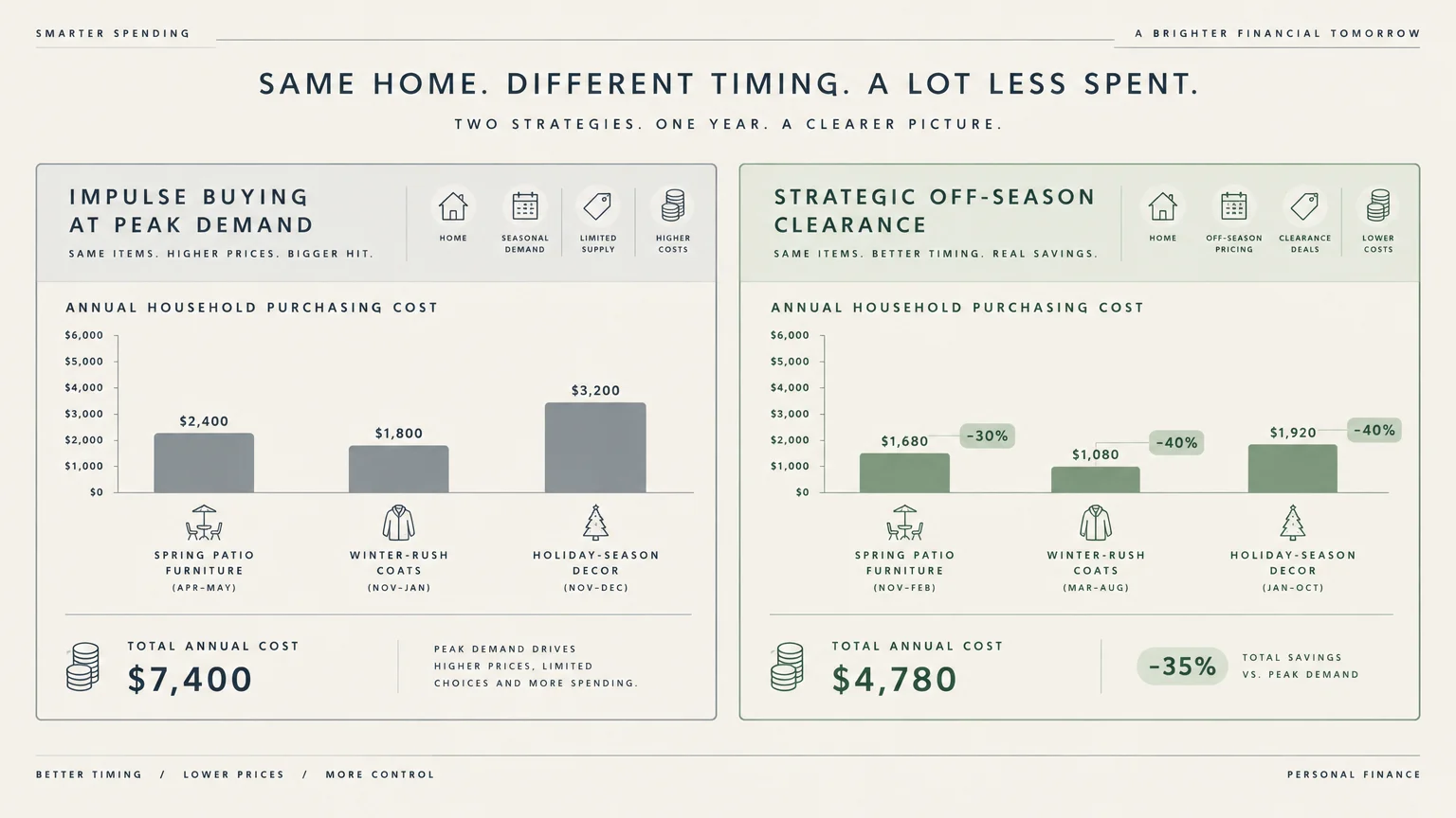 Bar charts comparing annual household purchasing costs between impulse buying at peak demand and strategic clearance shopping.