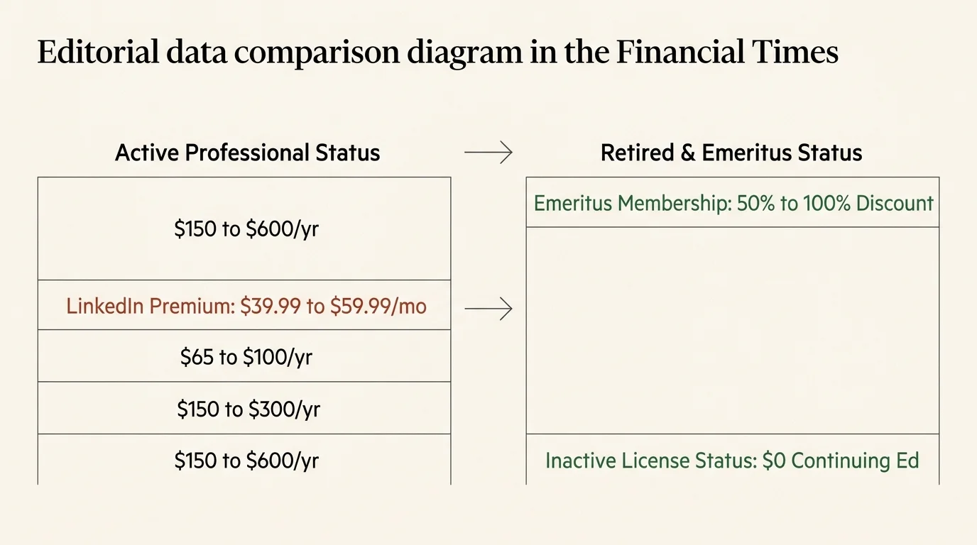 Diagram comparing Active Professional Status costs against Retired and Emeritus Status discounts and savings.