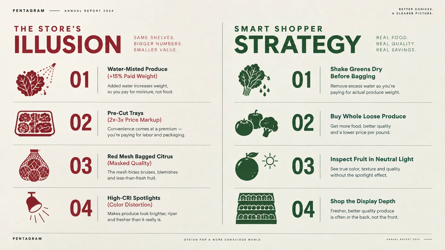 Infographic comparing four grocery store illusions like misted produce to smart shopping strategies like shaking greens dry.