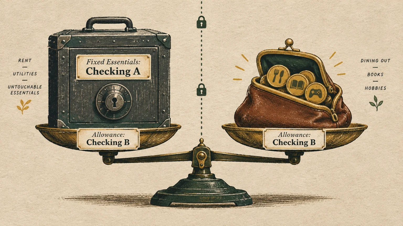 A balance scale holding a locked metal safe labeled Checking A on the left and an open coin purse on the right.