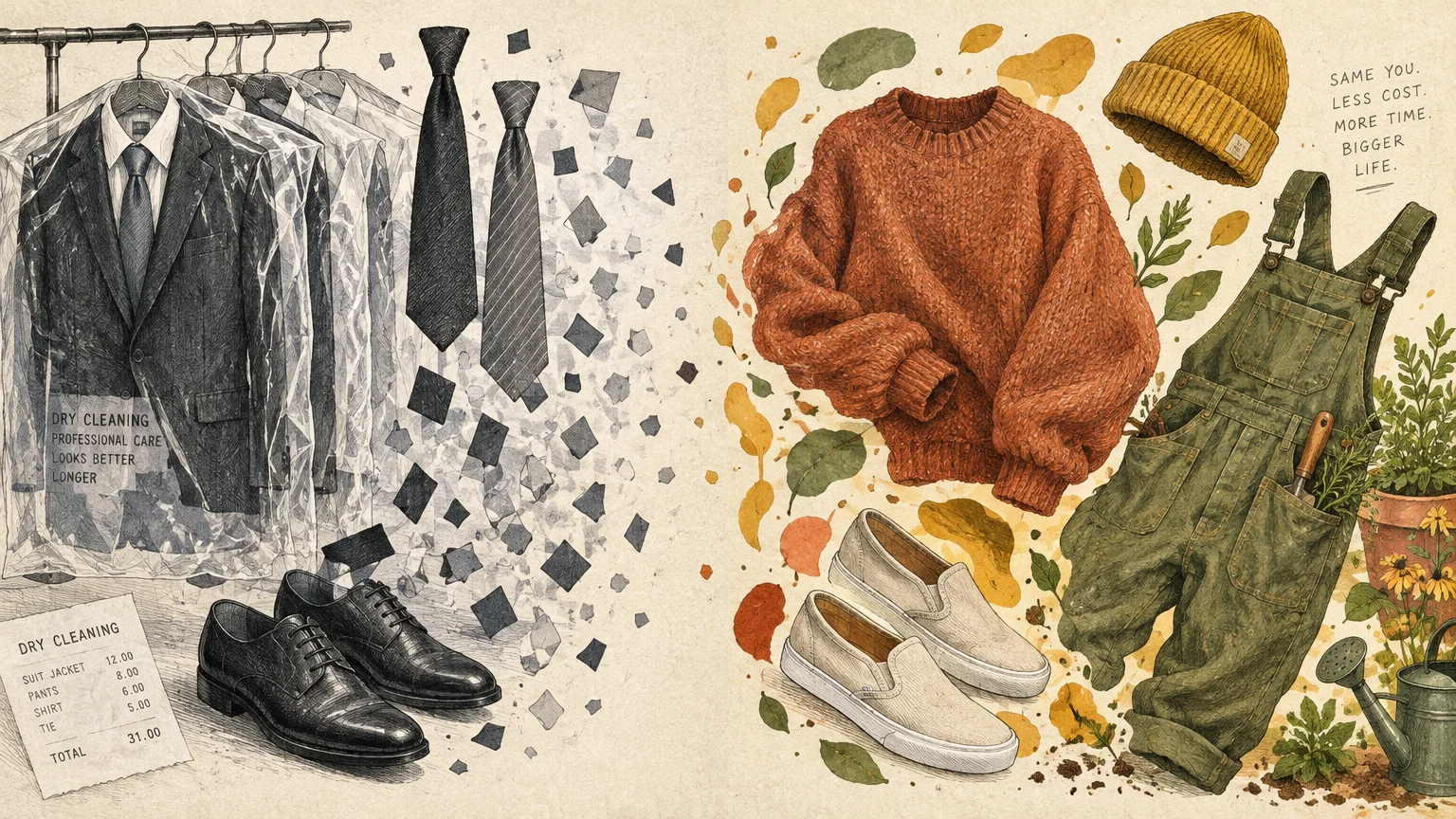 Split illustration contrasting dry-cleaned business suits and dress shoes with casual overalls, a knit sweater, and slip-ons.