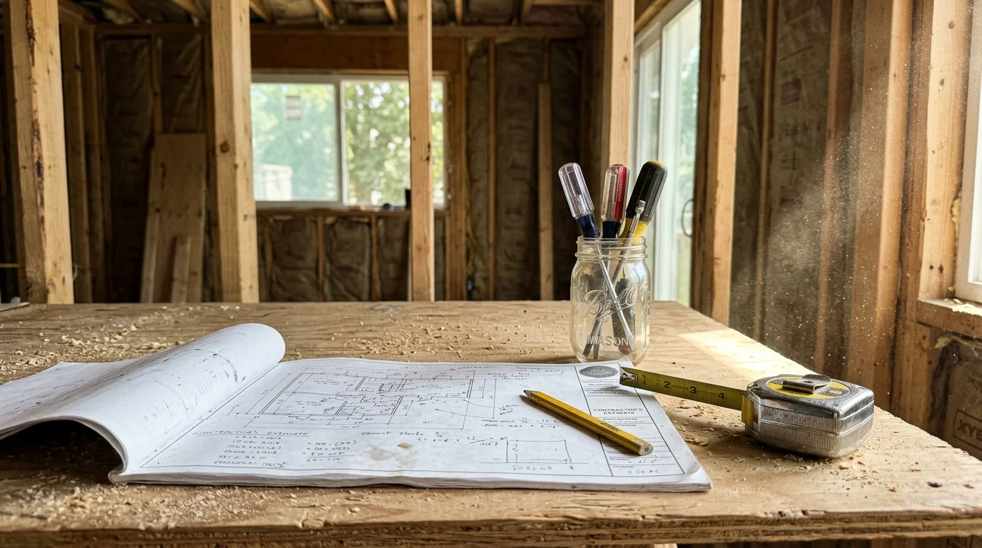 Blueprints, a pencil, tape measure, and jar of tools on a wooden table inside an unfinished room framed with wood studs.