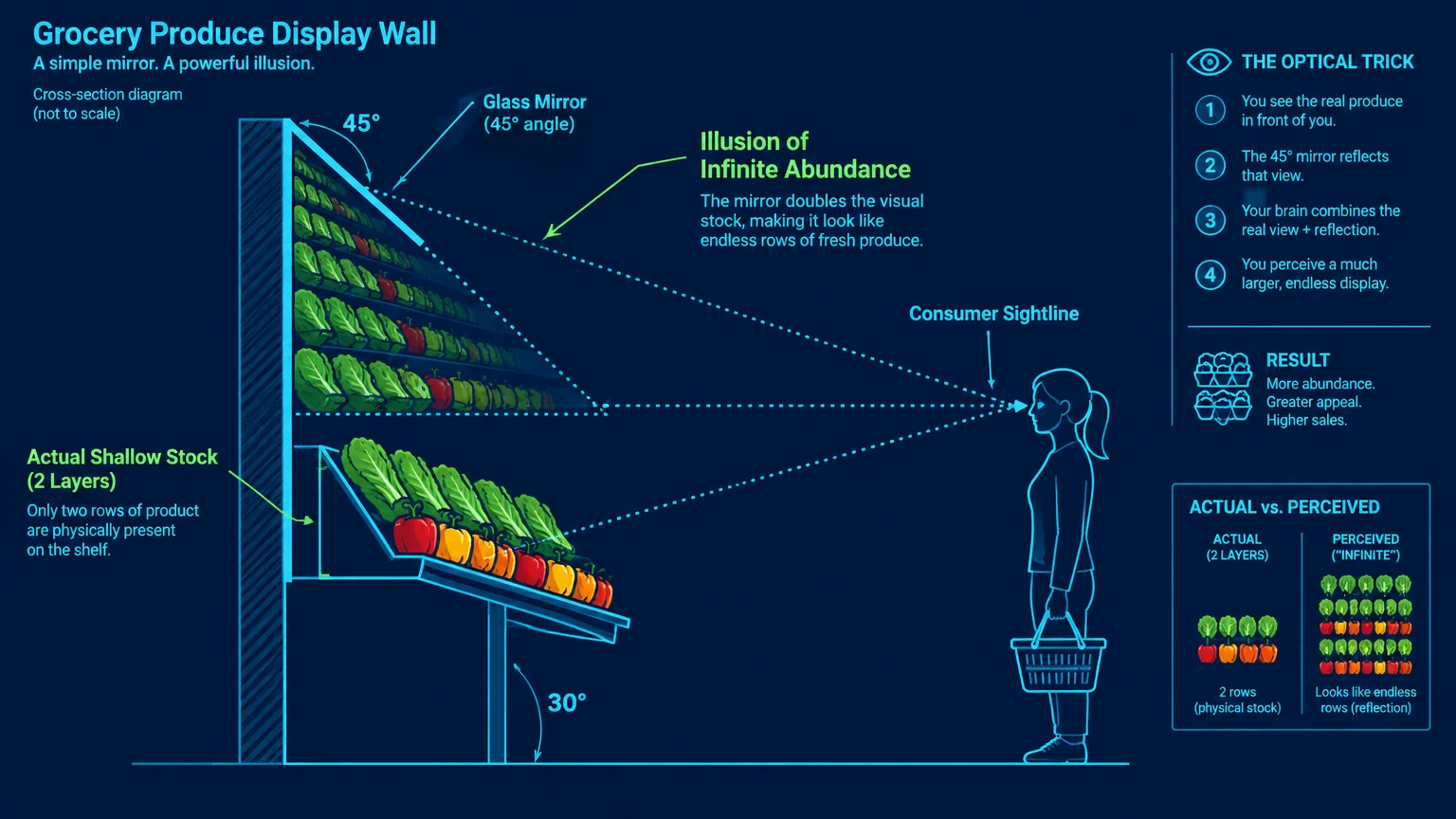 Diagram showing a shopper viewing produce beneath an angled mirror that reflects the display to simulate larger stock.