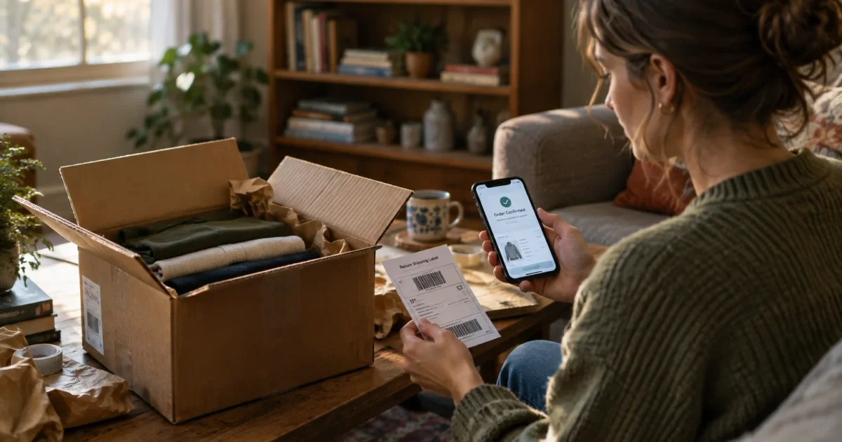 A woman holds a smartphone and a return shipping label next to an open cardboard box packed with folded clothes.