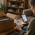 A woman holds a smartphone and a return shipping label next to an open cardboard box packed with folded clothes.