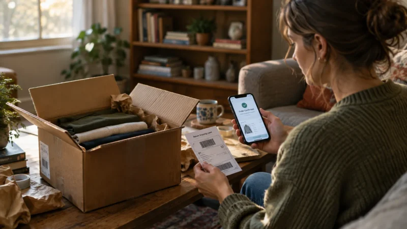 A woman holds a smartphone and a return shipping label next to an open cardboard box packed with folded clothes.
