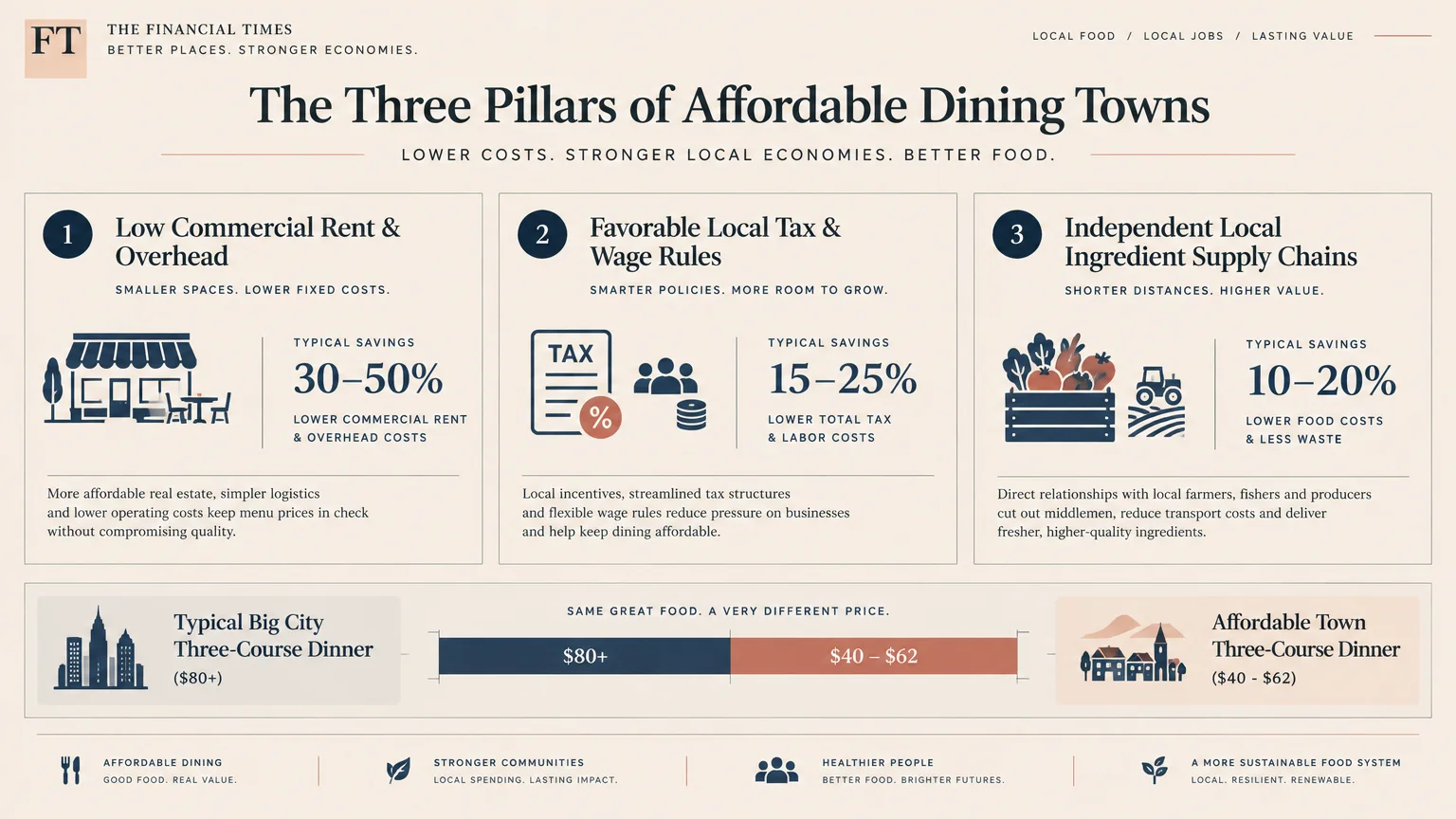 Diagram detailing three pillars of dining affordability and comparing dinner prices between big cities and affordable towns.