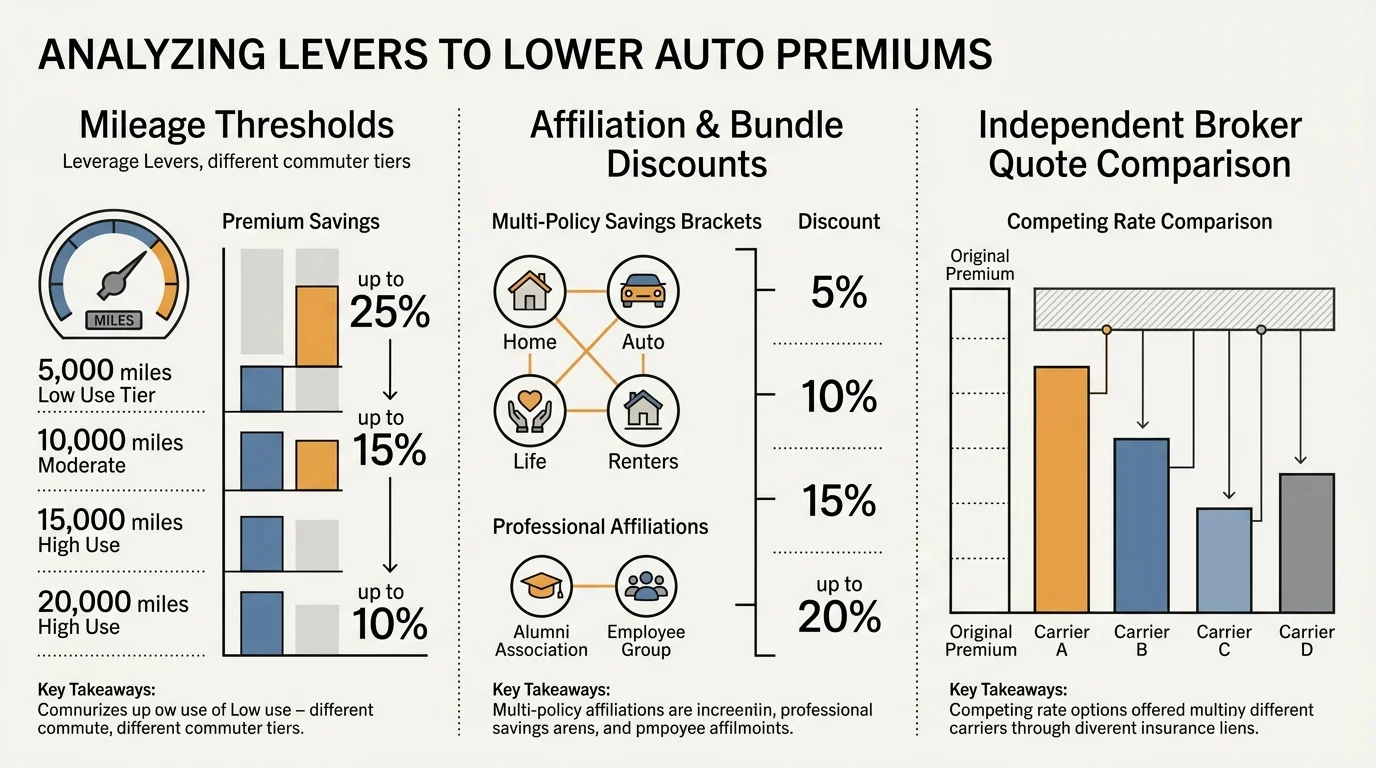 Infographic diagram analyzing levers to lower auto premiums across mileage thresholds, discounts, and quote comparisons.