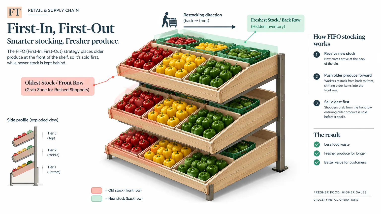 Diagram of a three-tiered wooden grocery display illustrating First-In, First-Out produce restocking with peppers.