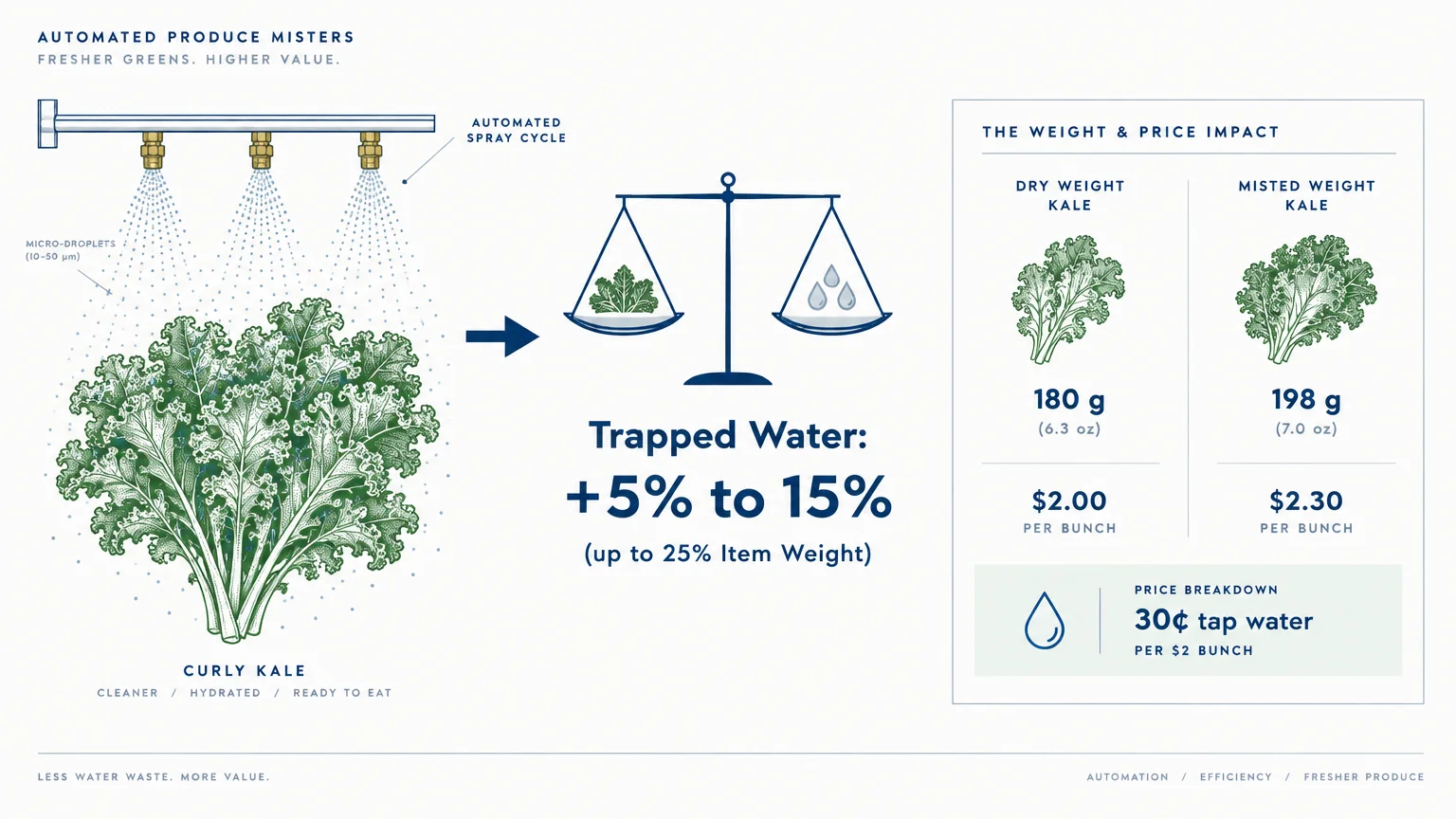 Diagram illustrating automated misters spraying kale, showing weight and cost increasing due to trapped tap water.