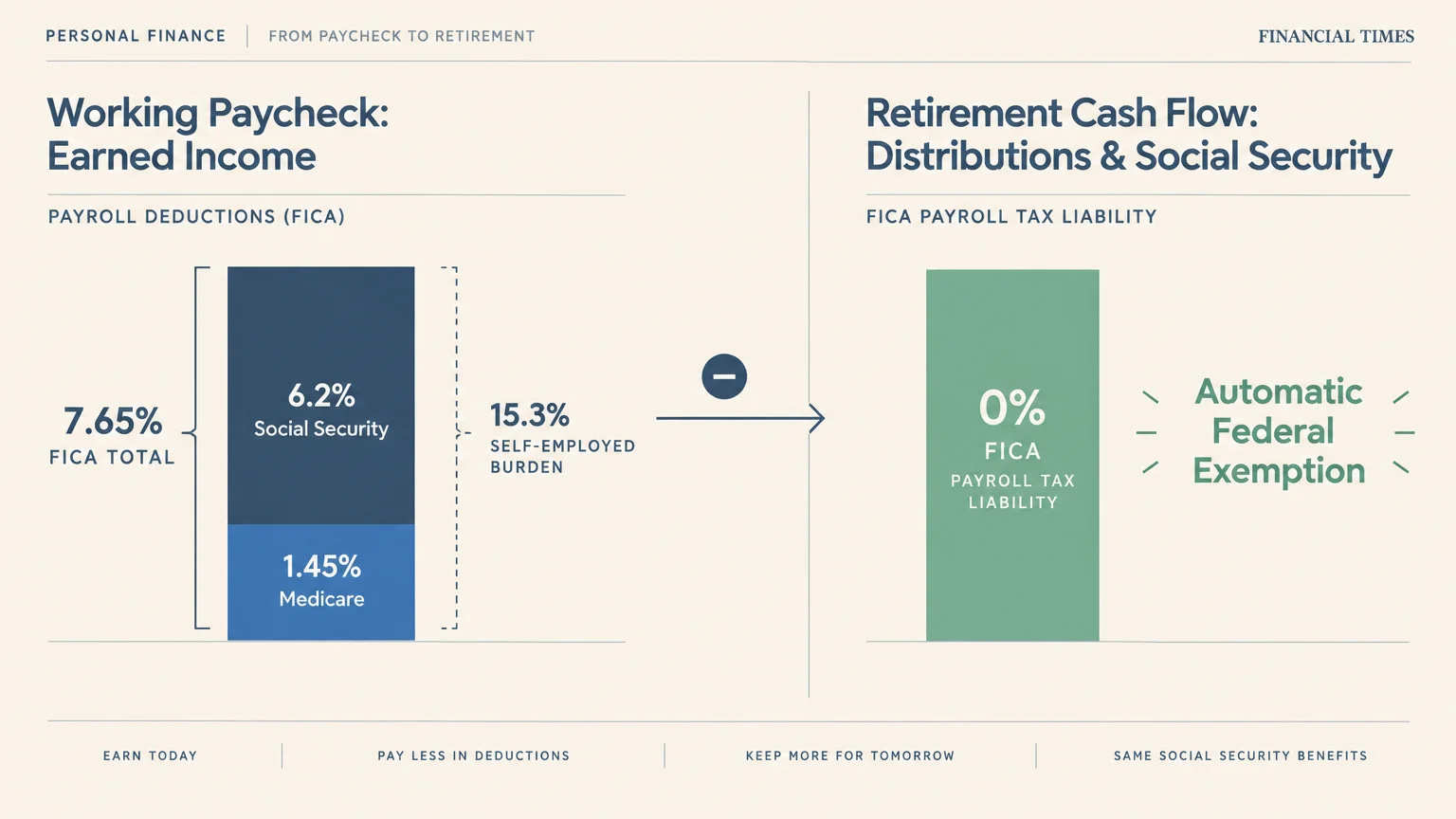 Diagram comparing working paycheck payroll deductions totaling 7.65% FICA against 0% FICA payroll tax liability in retirement.