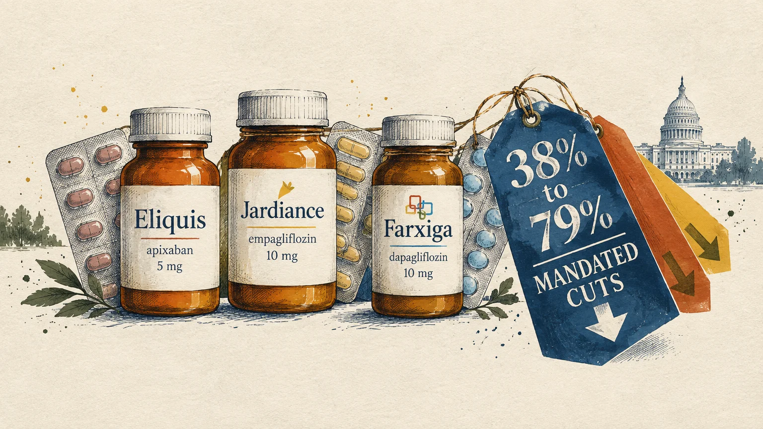 Illustration of Eliquis, Jardiance, and Farxiga bottles with blister packs, discount tags, and the US Capitol building.
