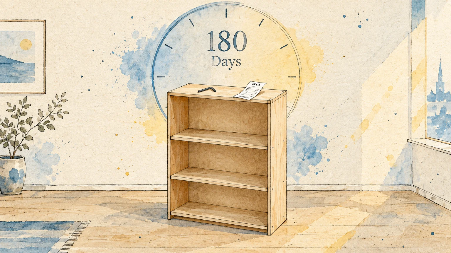 Watercolor illustration of a wooden bookshelf with an Allen wrench and receipt, backed by a clock face reading 180 Days.