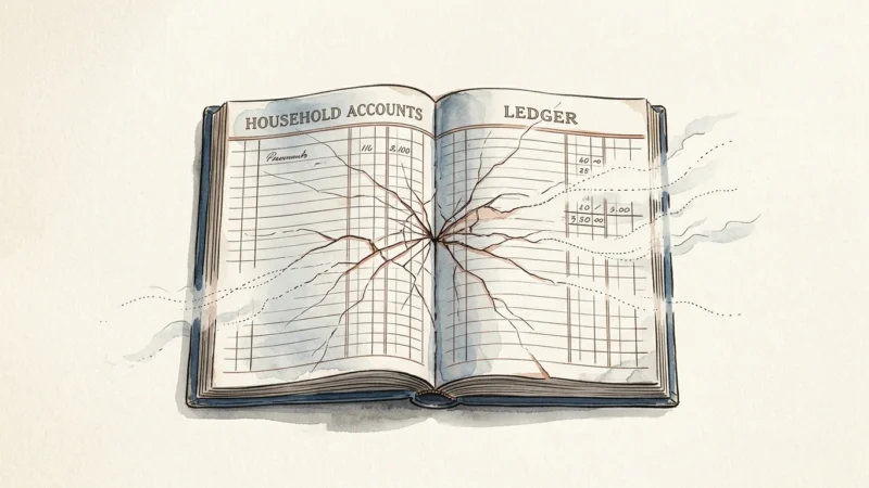 Watercolor illustration of an open household accounts ledger book with deep cracks radiating across its pages.