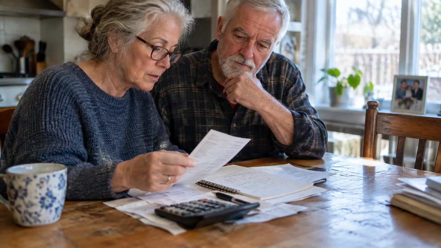 An older couple sitting at a wooden dining table reviewing paperwork, bills, and a calculator together.