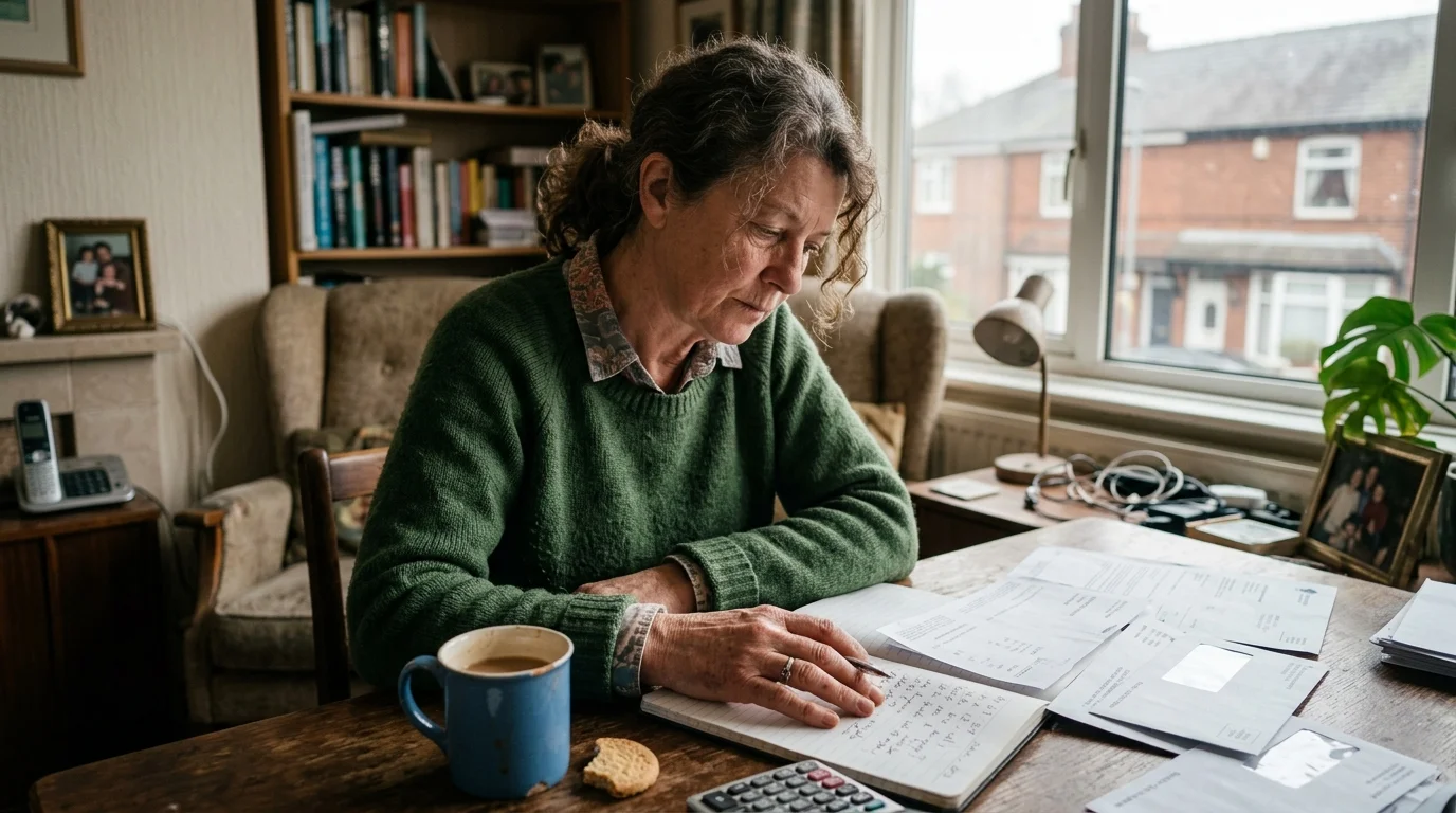 A woman in a green sweater sits at a dining table reviewing paperwork and handwritten notes next to a calculator.