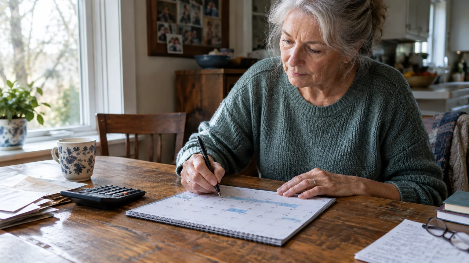 Senior woman sitting at a rustic dining table writing on a spiral calendar next to a calculator.