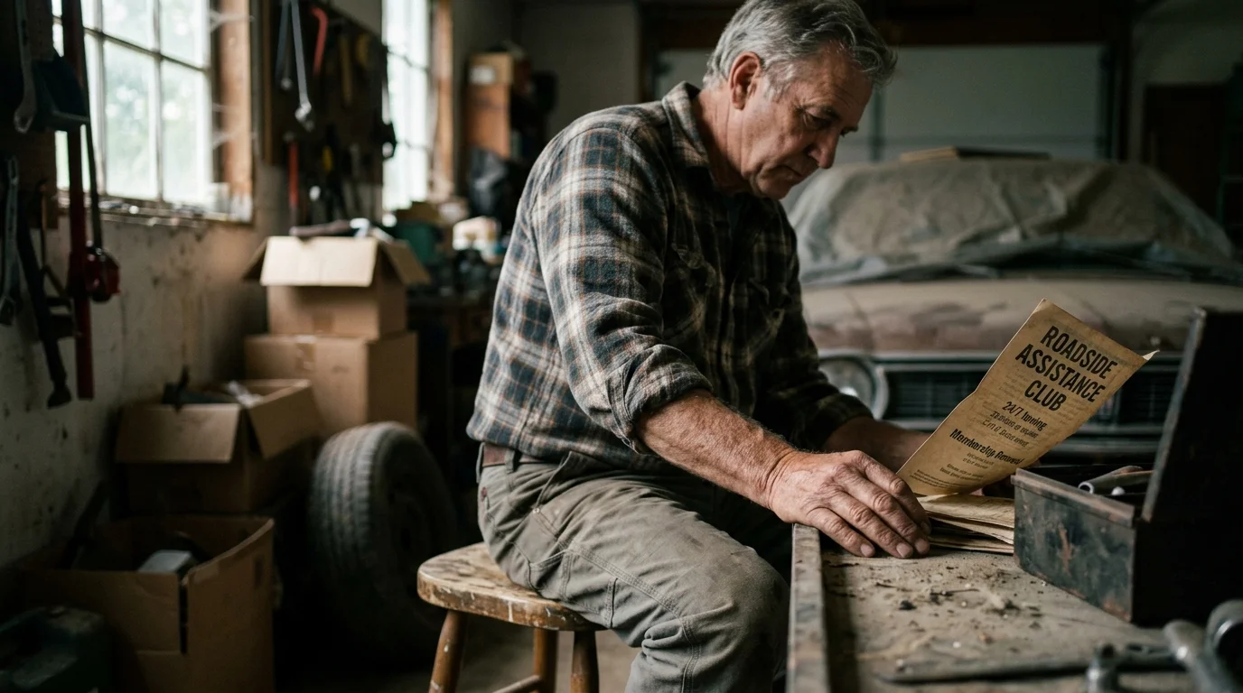 A man in a plaid shirt sits in a garage, reviewing a roadside assistance club document at a workbench.