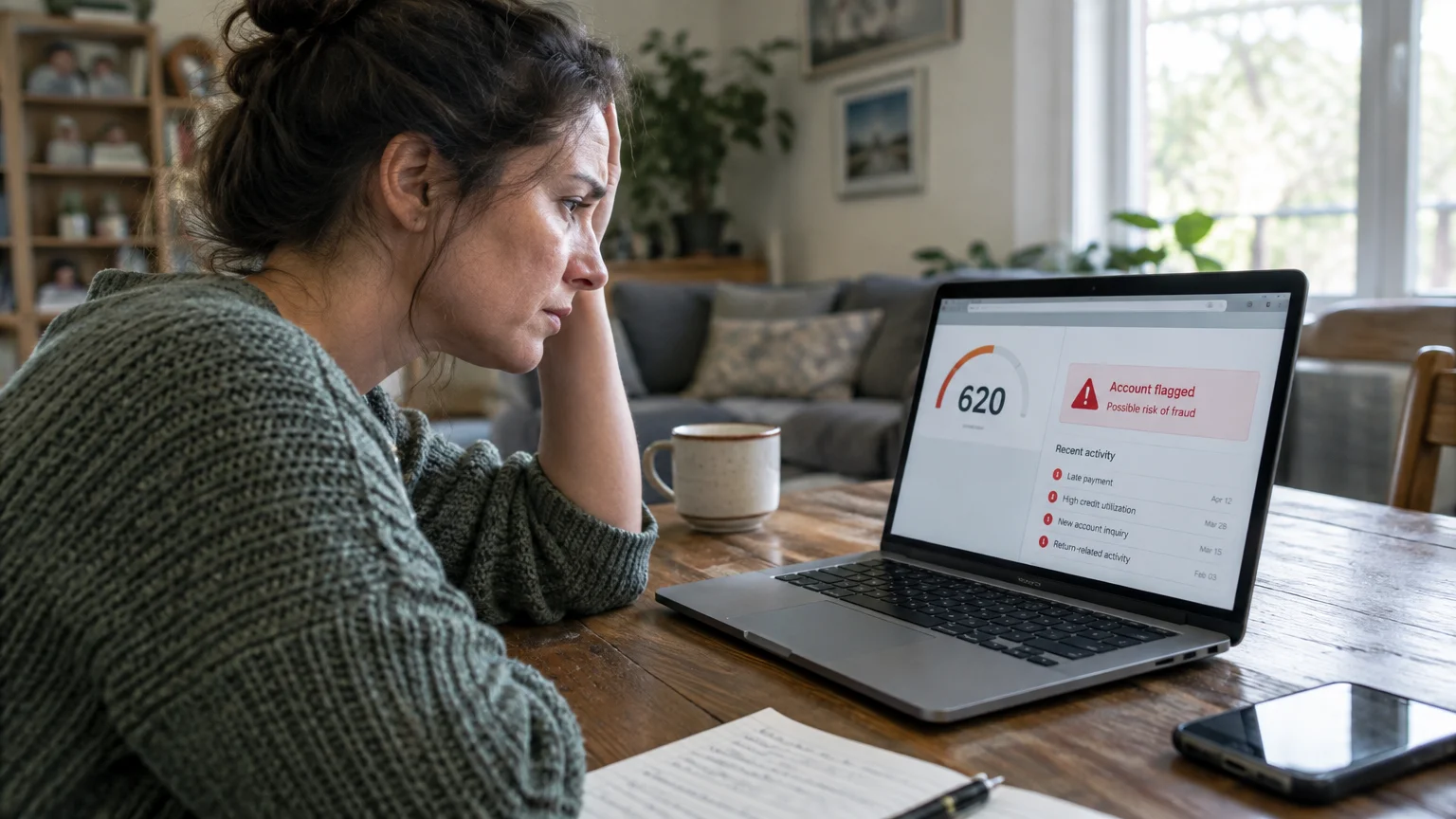 A stressed woman sits at a wooden table looking at a laptop showing a flagged account and risk score warning.