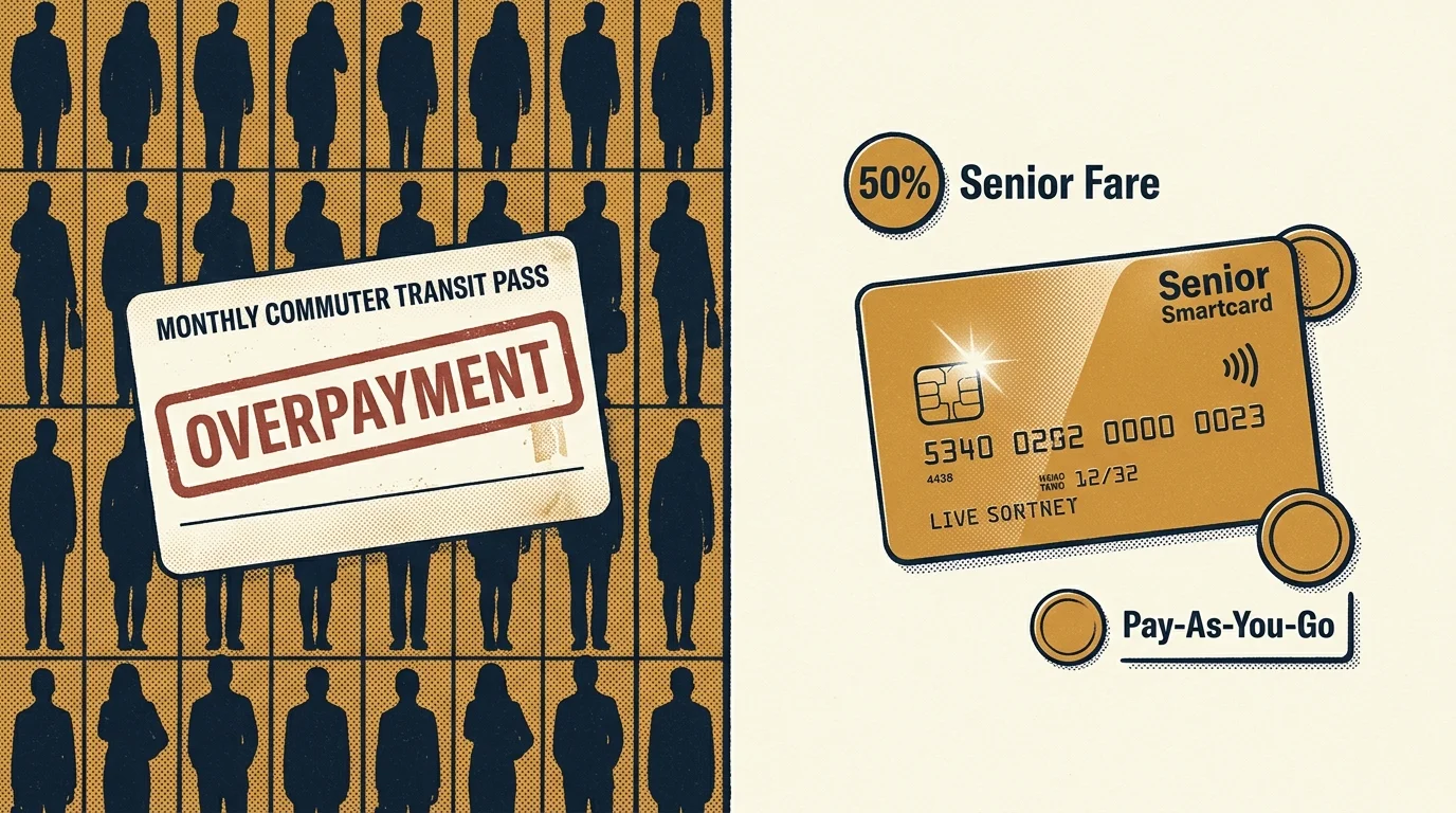 Illustration comparing an overpayment monthly commuter pass against a gold senior smartcard with 50 percent fare labels.
