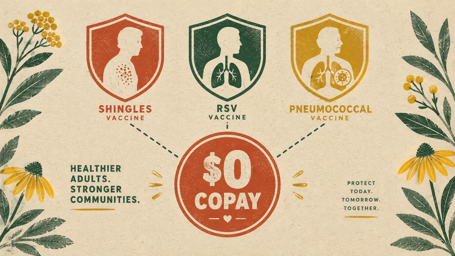 Illustration of shields for shingles, RSV, and pneumococcal vaccines connecting to a large red seal reading $0 copay.