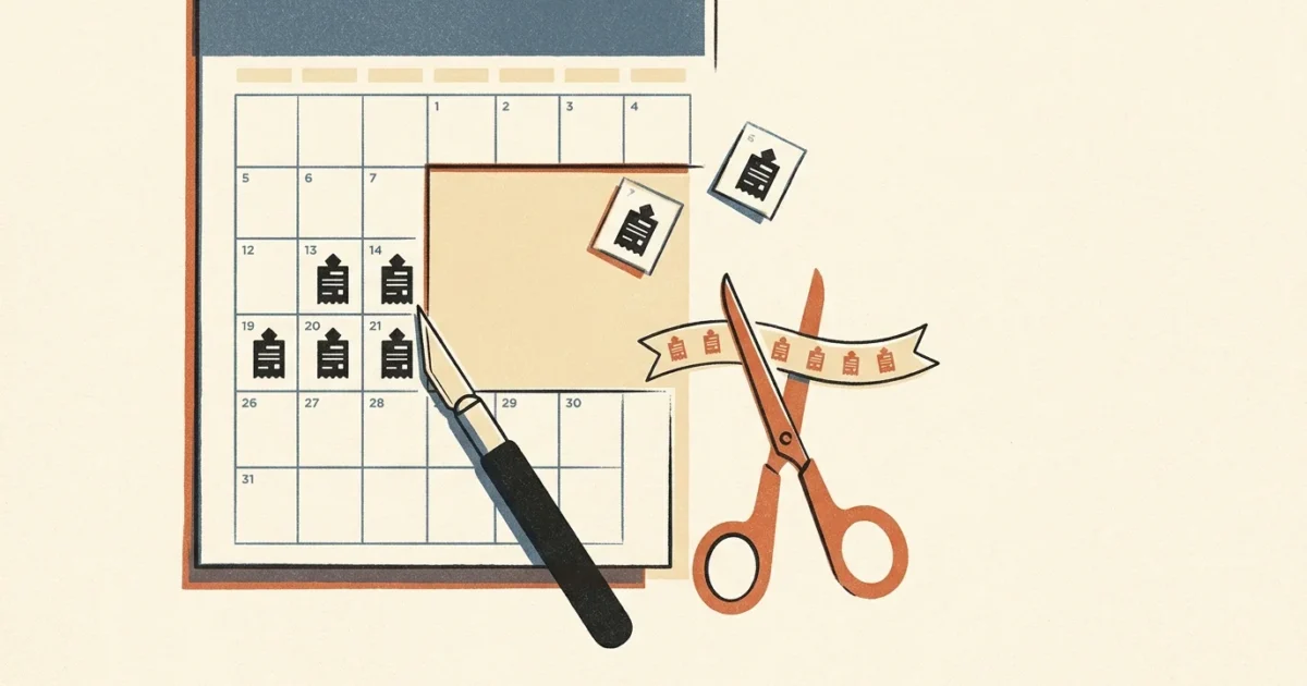 Illustration of a monthly calendar being cut with a craft knife alongside scissors cutting a ribbon of bills.