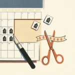 Illustration of a monthly calendar being cut with a craft knife alongside scissors cutting a ribbon of bills.
