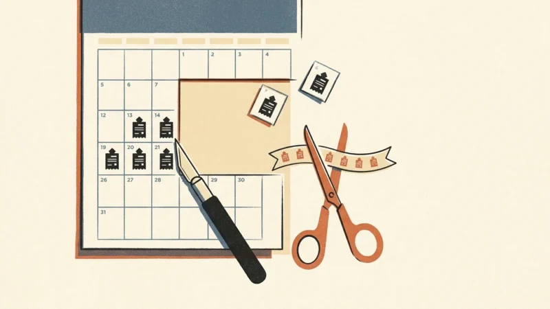 Illustration of a monthly calendar being cut with a craft knife alongside scissors cutting a ribbon of bills.