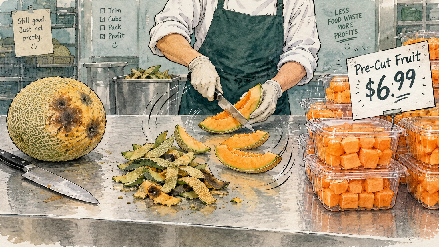Illustration of a worker slicing cantaloupe to pack into plastic containers labeled pre-cut fruit next to rotting melon.