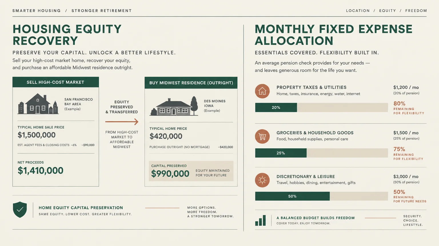 Infographic showing housing equity recovery from a home sale and monthly fixed expense allocations for retirement budgeting.