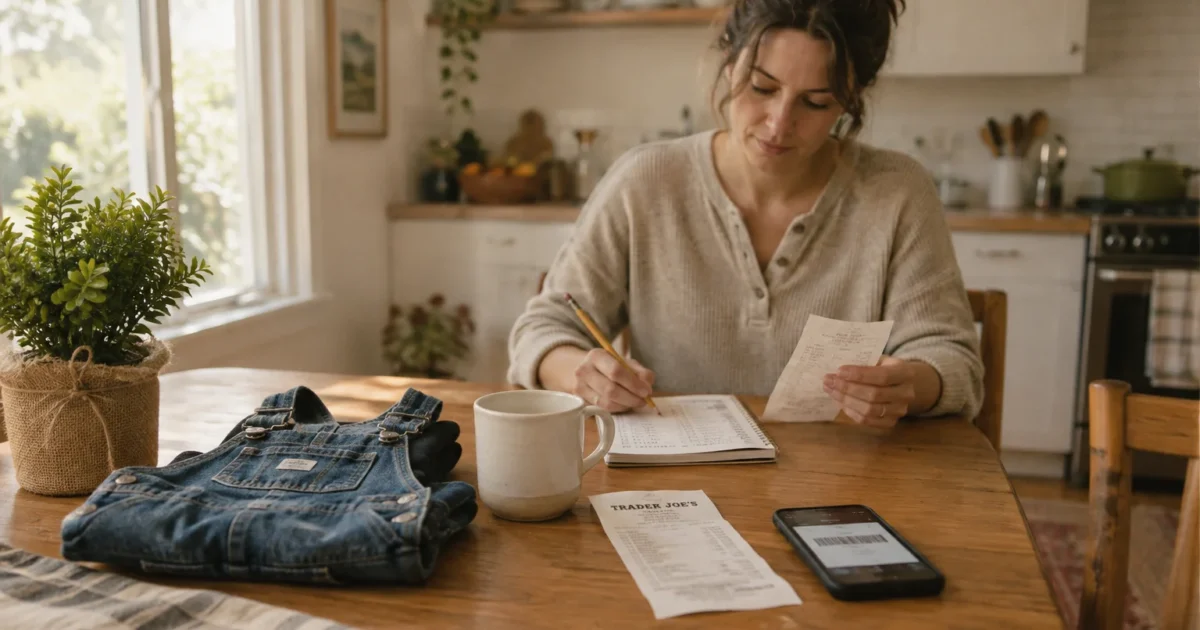 A woman sitting at a kitchen table writes in a notebook while checking receipts beside a phone and child overalls.