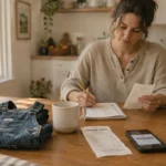 A woman sitting at a kitchen table writes in a notebook while checking receipts beside a phone and child overalls.