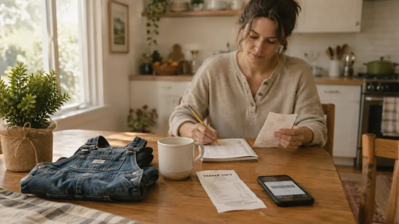 A woman sitting at a kitchen table writes in a notebook while checking receipts beside a phone and child overalls.