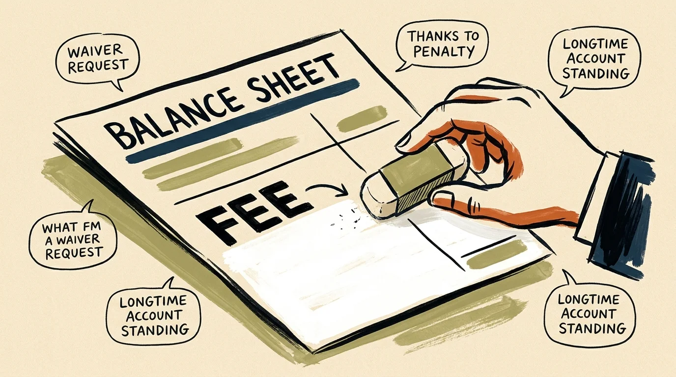 Illustration of a hand using an eraser to rub out the word fee on a balance sheet document.