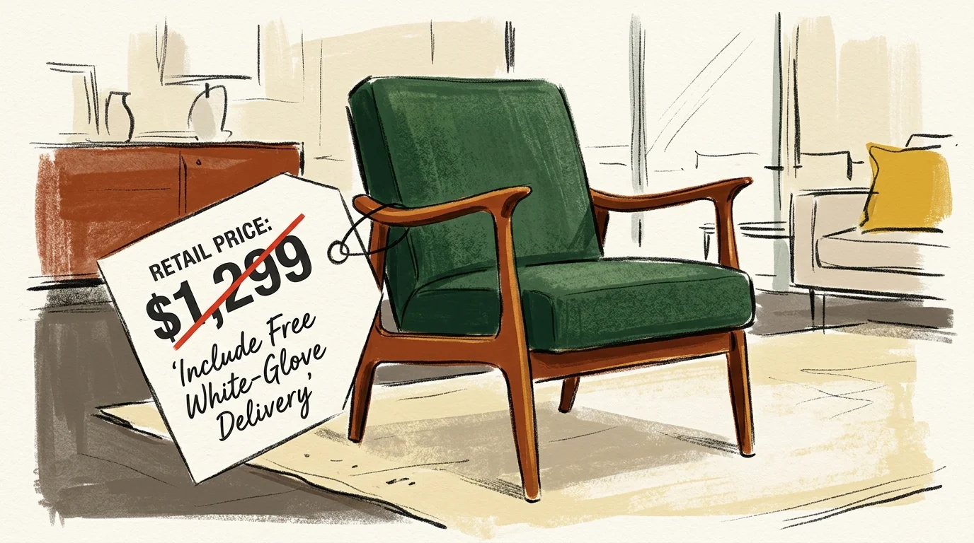 Sketch of a green mid-century modern armchair with a price tag showing $1,299 crossed out and free delivery requested.