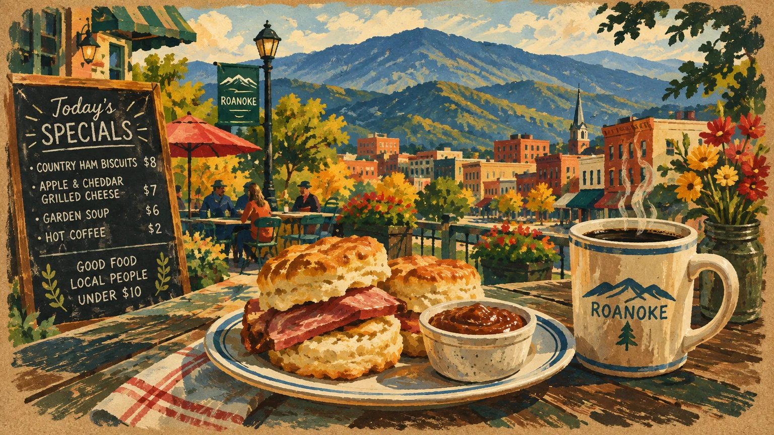 Illustration of ham biscuits and coffee on an outdoor cafe table overlooking Roanoke with mountains in the background.