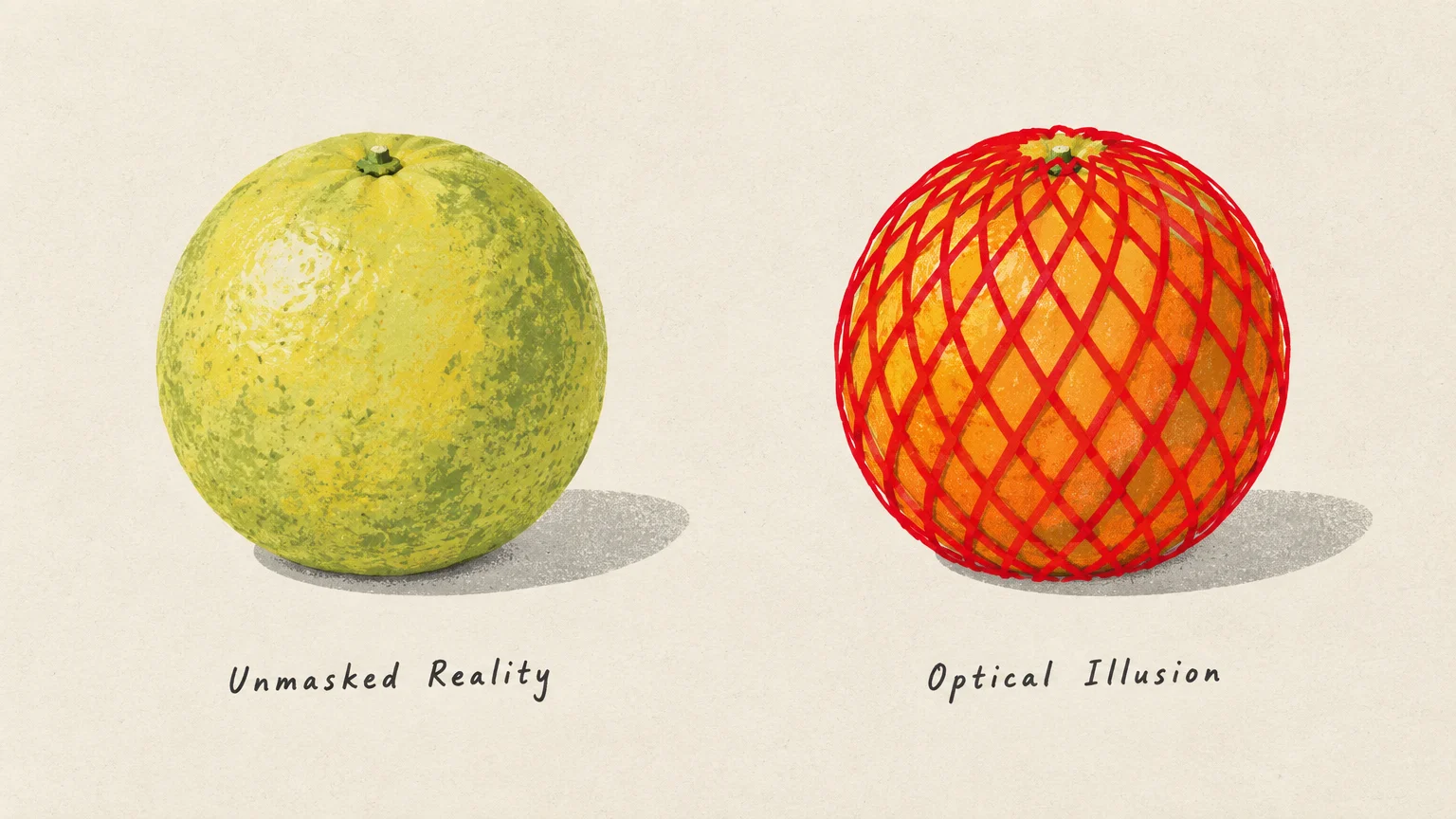 Side-by-side illustration comparing a pale greenish citrus fruit to the same fruit appearing orange under red mesh netting.
