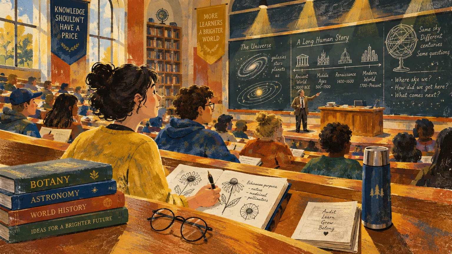 Illustration of students sitting in a tiered lecture hall listening to a professor teaching in front of a large chalkboard.