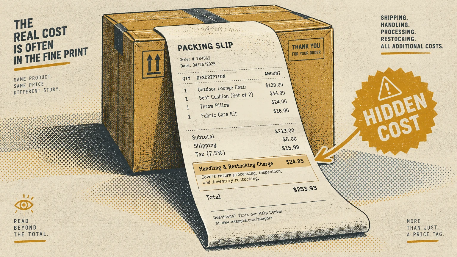 Illustration of a cardboard delivery box with a packing slip highlighting a hidden handling and restocking charge line item.