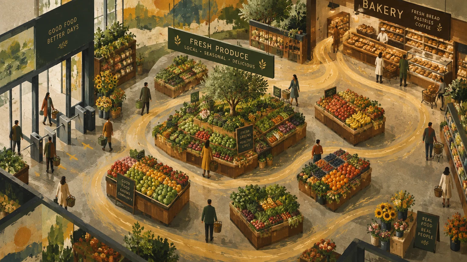 Illustration of a supermarket entrance layout with produce stands, floral displays, a bakery, and winding golden scent trails.