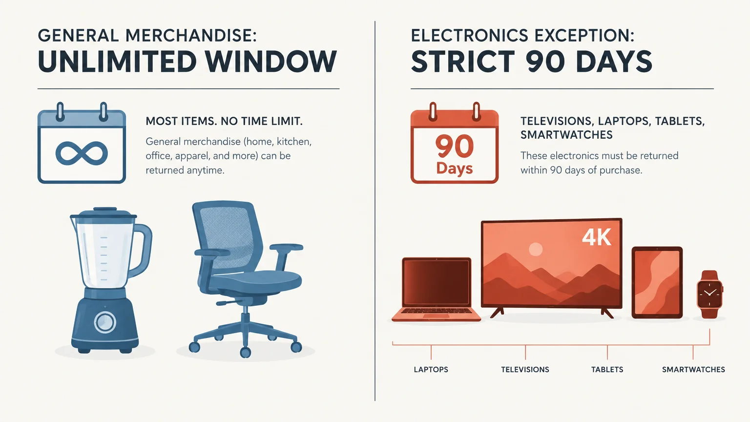 Graphic comparing unlimited returns for general merchandise with a strict 90-day policy for electronics.