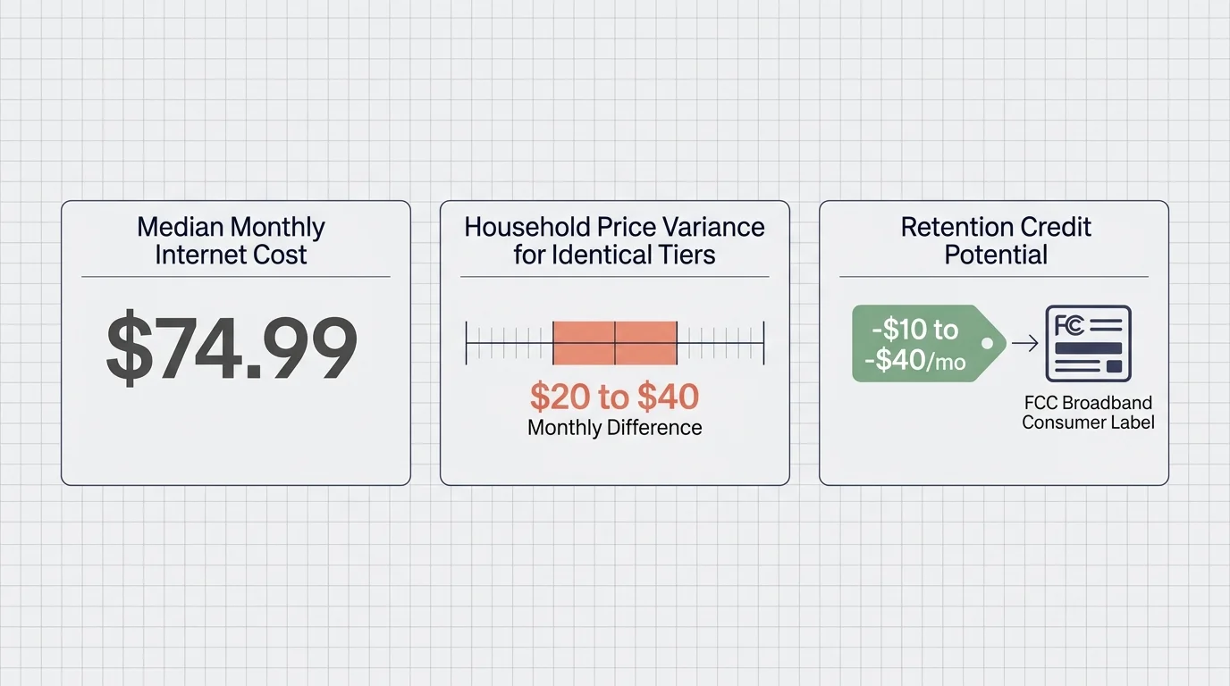 Three panels showing a $74.99 median internet cost, a $20 to $40 price variance box plot, and retention credit potential.