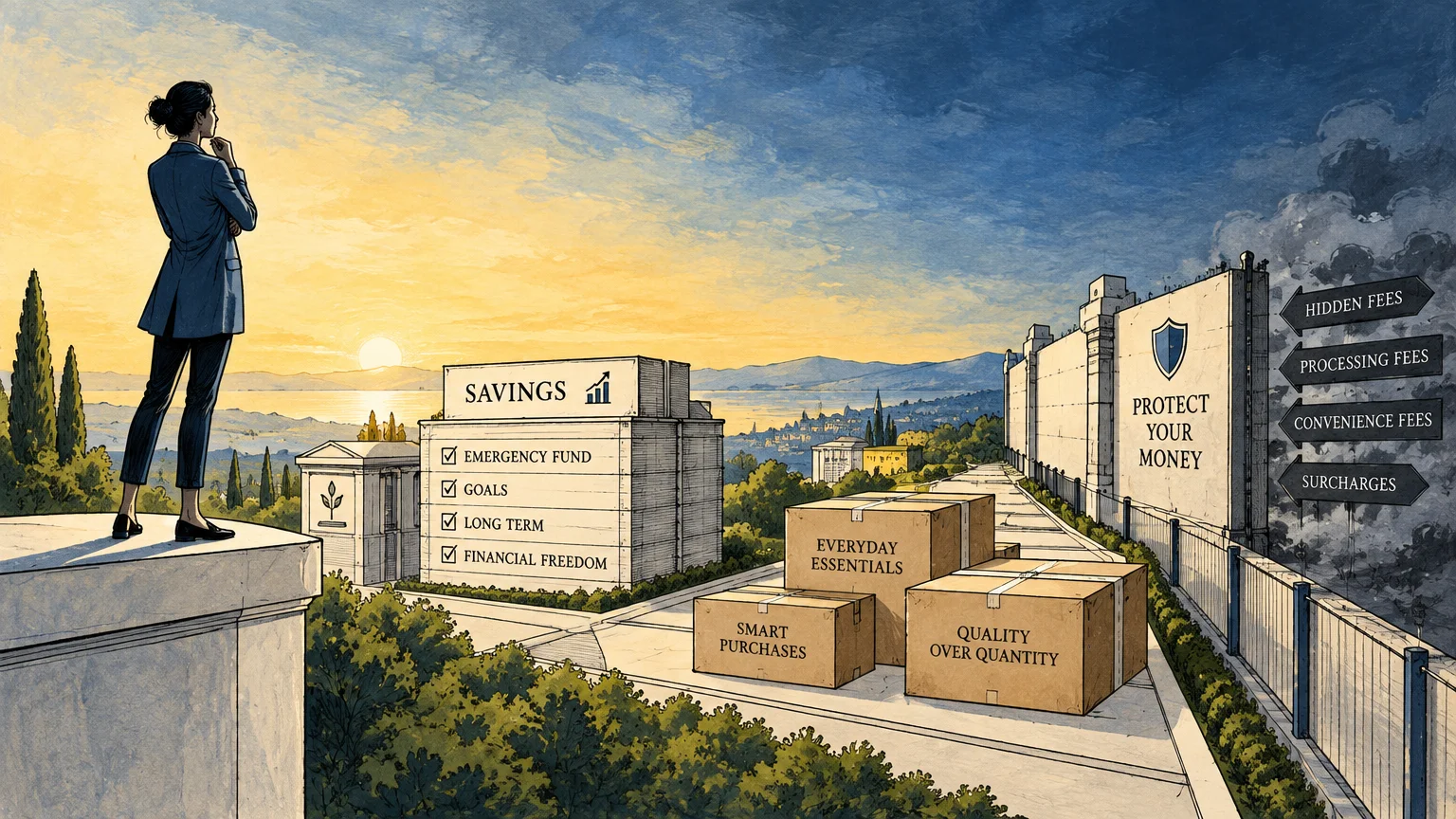Illustration of a woman overlooking cardboard packages, savings monuments, and a defensive wall blocking hidden fees.