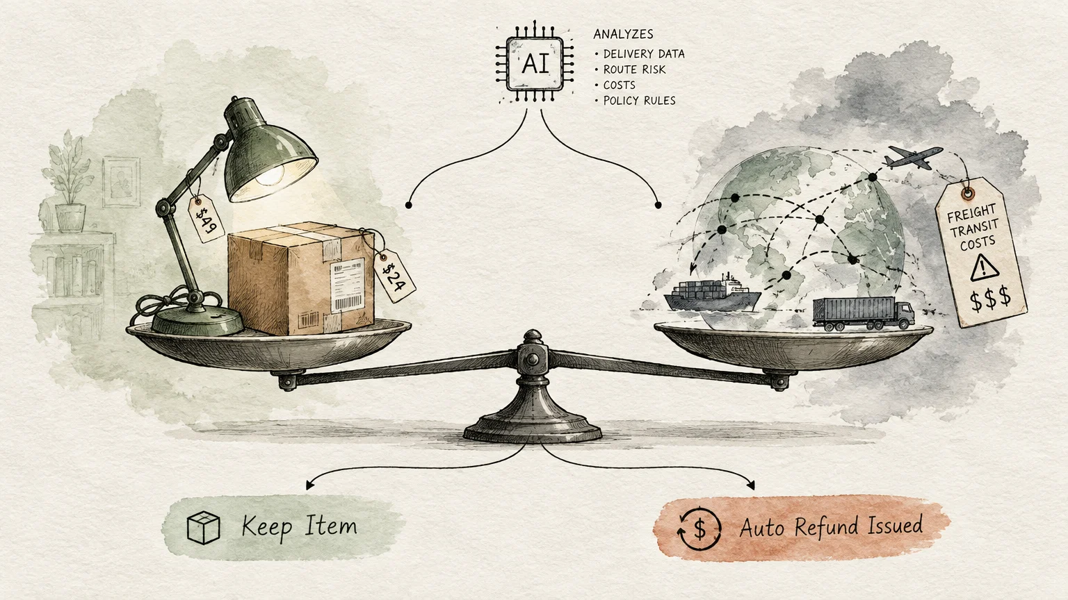 Illustration of a balance scale comparing boxed goods against global freight transit costs under an AI decision processor.
