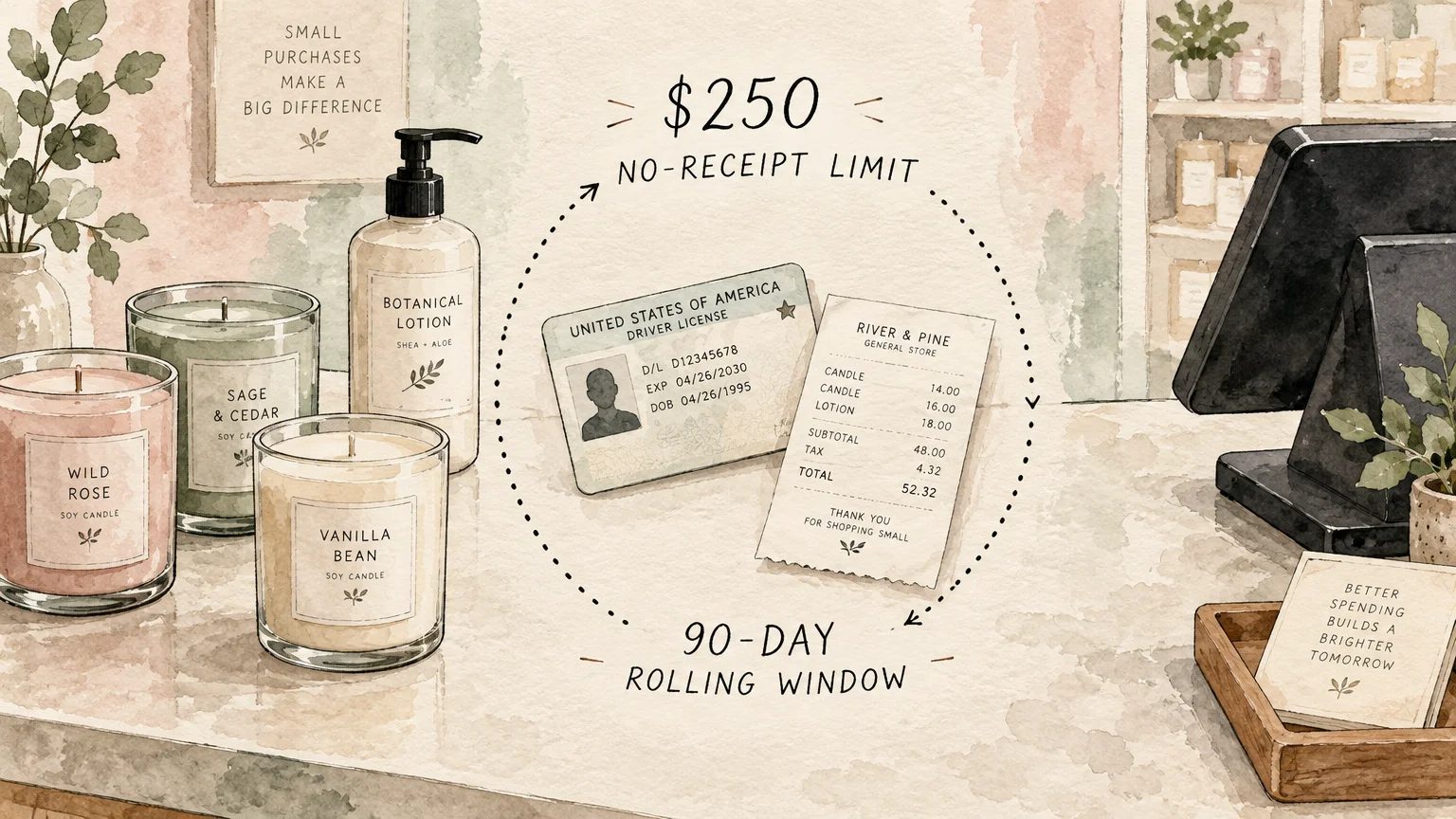 Illustration of candles, lotion, a driver's license, and receipt on a counter with text showing return limits.