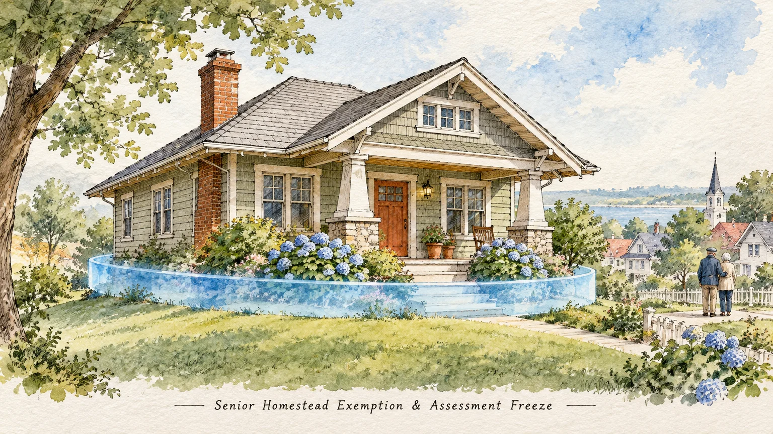Watercolor illustration of a craftsman cottage with a glowing blue barrier and an older couple walking nearby.