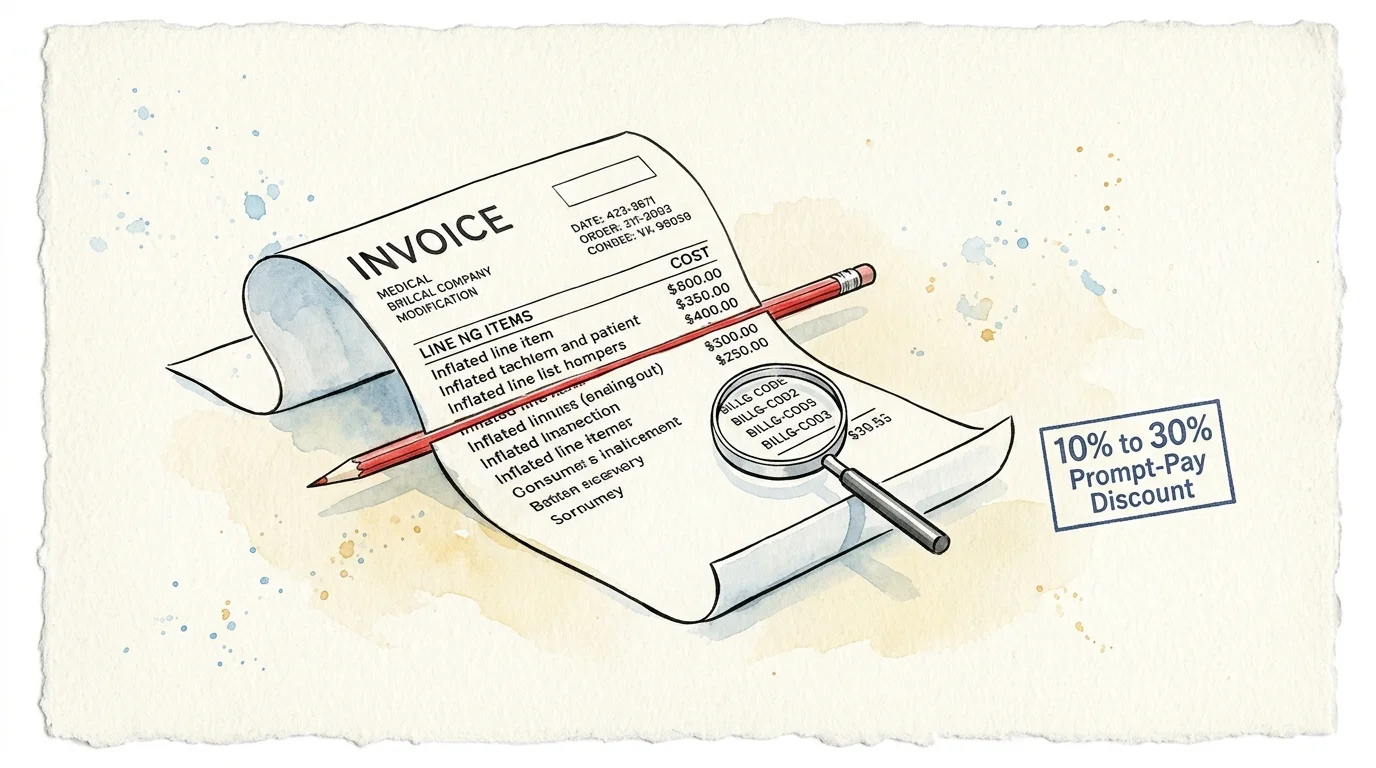Watercolor illustration of a medical invoice scrutinized with a pencil, magnifying glass, and prompt-pay discount stamp.