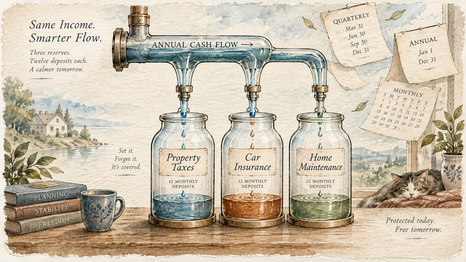 Glass pipes distribute liquid into three jars labeled Property Taxes, Car Insurance, and Home Maintenance on a windowsill.