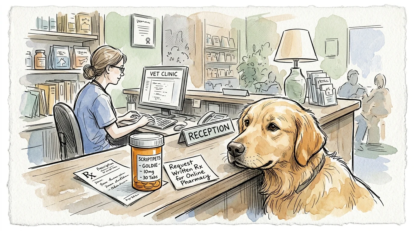 Watercolor illustration of a golden retriever resting its chin on a vet clinic counter next to a pill bottle and note.